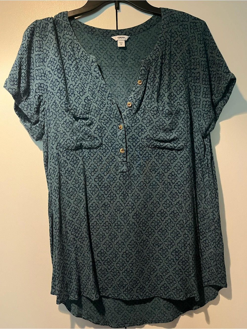 SONOMA Teal Blue Patterned Short Sleeve Henley Tunic